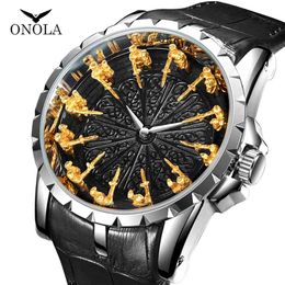 ONOLA Marke Einzigartige Quarzuhr Mann Luxus Rose Gold Leder Cooles Geschenk für Mann Uhr Mode Lässig Wasserdicht Relogio Masculino 210804