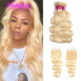 Brazilian Virgin Human Hair Extensions Blonde 3 Bundles With 4X4 Lace Closure Free Middle Three Part Body Wave 613# Colour