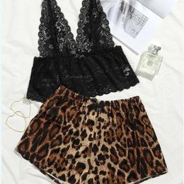 Women's black lace simulation silk leopard print nightclub charm sexy lingerie 211203