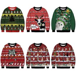 Unisex 2021 Ugly Christmas Sweater Cat Print Funny Christmas Fake Hair Jumper Sweat shirt Men Women Autumn Winter Sweatshirt Top Y1118