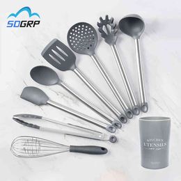 Silicone Kitchenware Set Heat Resistant Cookware Spatula Shovel Spoon With Stainless Steel Handle Non-Stick Kitchen Accessorie 210326