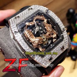 eternity Watches ZF 51-01 V2 version Real Tourbillon Mechanical 3D Dragon Tiger Totem Gold Dial RM51-01 Michelle Yeoh Mens Watch Iced Out Diamonds Case Rubber Strap