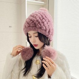 Beanies 2021 Real Rex Fur Elastic Knitted Cap With Pom Bonnets Women's Hat Earflap S2776