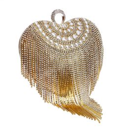 Heart Shape Women's Luxury Handbag Finger Ring Diamonds Ladies Evening Bag Clutch Pearl Tassel Party Clutch Wedding