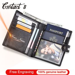 Contact's Travel Men Wallet 100% Genuine Leather Wallets with Coin Pocket Purse Passport Cover Male Purses Card Holder Quality