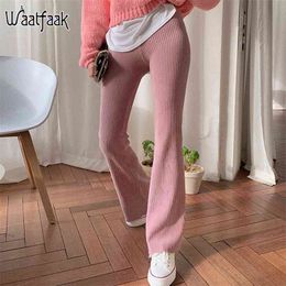 Waatfaak Elegant Pink Corduroy Flare Pants High Waist Leggings Casual Sweatpants Women Slim Y2K Vintage Harajuku Leisure 210708