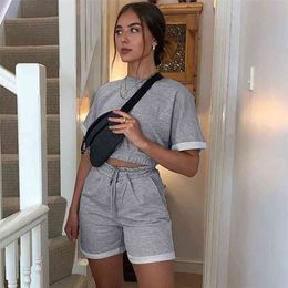 Fashion Two piece set summer short-sleeved waist shorts pocket casual 2- sweat suit womens clothing two 210508