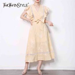 Vintage Patchwork Ruffle Dress For Women V Neck Sleeveless High Waist Embroidery Summer Dresses Female Fashion 210520