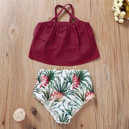 Summer Children Sets Casual Strap Red Solid Tops Print Floral Shorts 2Pcs Girls Cute Clothes 1-5T 210629