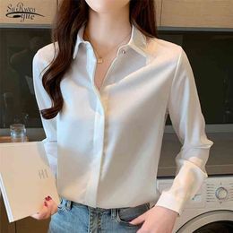 Spring New Long-Sleeve Silk Women's Shirt Office Lady Turn Down Collar Solid Blouse Women Elegant Ladies Tops Blusas 10618 210323