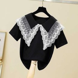Tops & Tees Summer Clothing Preppy Style Black Lace Ruffles Sailor Collar Tshirt Loose Short Sleeve Chic Casual Retro Contrast 210610
