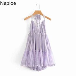 Neploe Sexy Backless Sling Beach Dress Women Gauze Patchwork Summer Vestidos Sleeveless Loose Pleated Mini Dresses 4i870 210422