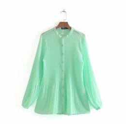 women elegant solid color full press pleated blouse shirt o neck chiffon business blusas femininas chemise tops LS4231 210420