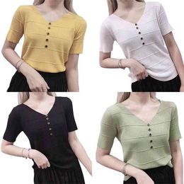 Women T-Shirt Summer Short Sleeve Button V-Neck Casual Pullover Solid Colour Tops Female Fashion Clothing 210522