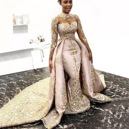 Elegant Light Pink With Gold Appliques Wedding Dresses Detachable Train High Neck Illusion Sleeve Wedding Gown Satin Court Train 2022