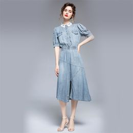 Womens Summer Denim Dress Office Lady Vintage Beading Short Sleeve Lace Turn Down Collar Elegant Party es 210520