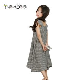 2020 Summer Girls Dress Children's Clothing Stripe Cotton Dark Grey Summer Short Casual Korean Style Kid Child Dress Q0716