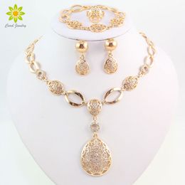 Wedding Jewelry Sets Vintage Clear Crystal Gold Color African Bridal Costume Nigerian Wedding Water Drop Necklace Earrings Set