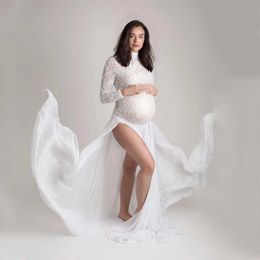 Stretchy Lace Bodysuit Maternity Dress For Photo Shooting Pregnancy Photography Props Bodysuits Sides Slit Dress X0902
