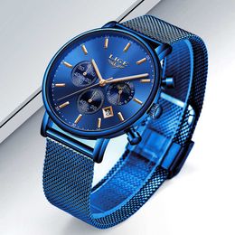 LIGE Mens Watches Top Brand Luxury Fashion Blue Strap Quartz Watch Men Moon Phase Clock Calendar Waterproof Chronograph+Box 210527