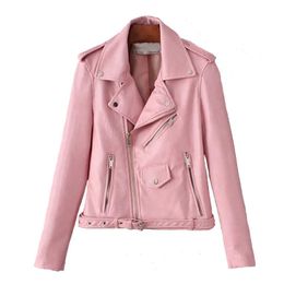 PERHAPS U Women Pu Faux Leather Outwear Jacket Pocket Zipper Pink Yellow Solid High Street C0034 210529