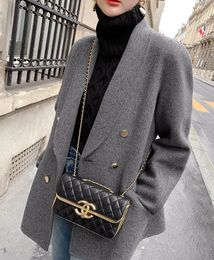 Grey Chic Double Breasted Women Blend Coats Streetwear Loose Winter Warm Woolen Female Outwear Tops 210514