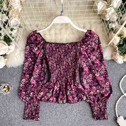 Women's Autumn Retro Blouse Square Collar Elastic Slim Short Puff Sleeve Top Holiday Style Floral Shirts Female Blusa PL519 210506