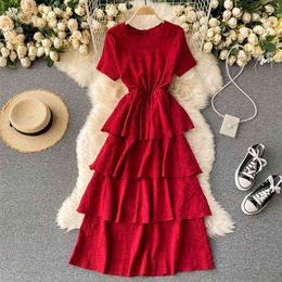 Casual Summer Women Dress O-neck Short Sleeve Elastic Waist Cascading Ruffles Long Female Party Maxi Robe 210603