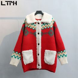 Korean Thicken Warm Christmas Sweater Cardigan Casual Loose lambswool Knitted Outwear Women's Sweaters Winter 210427