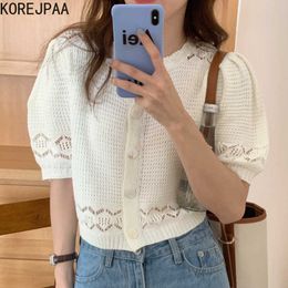 Korejpaa Women Shirt Summer Korean Retro Western Style Round Neck Single-Breasted Crochet Hollow Puff Sleeve Knit Blouses 210526
