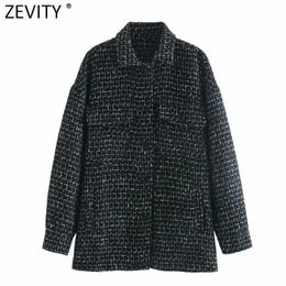 Zevity Women Vintage Plaid Casual Black Woolen Shirt Coat Female Chic Long Sleeve Outwear Jacket Streetwear Pockets Tops CT627 210603