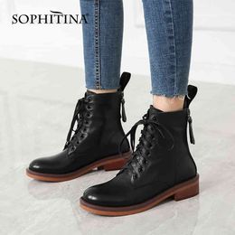 SOPHITINA Women Shoes Fashion Genuine Leather Zipper Cross-tied Round Toe Antiskid Shoes Low Heel Casual Lady Ankle Boots SO816 210513