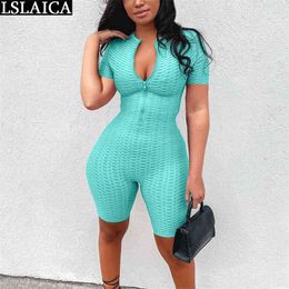 Wholesale Jumpsuit Women Short Sleeve Zipper Slim Fashion Summer Overalls Sportwear Casual Fitness Runway Romper Solid Colour 210515