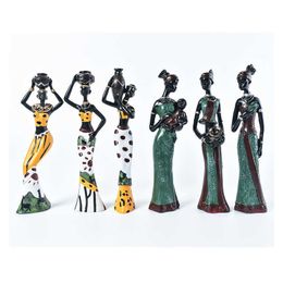 3PCS Statue Sculpture African Female Figure Girl s Resin Figurines National Style Table Decor 210804