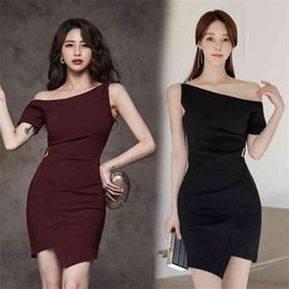 one shoulder dress Sexy SUmmer Sleeveless irregular neck Formal Bodycon Party Dresses for women clothing 210602