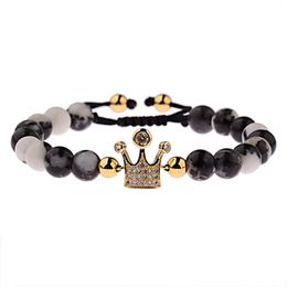 Charms Men's Gold White Zircon Crown Adjustable Bracelet 8mm Natural Stone Beads Braided Bracelets Hommes