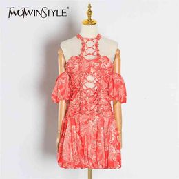 Printed Off Shoulder Dress For Women Halter Collar Puff Sleeve High Waist Hollow Out Mini Dresses Female Summer 210520