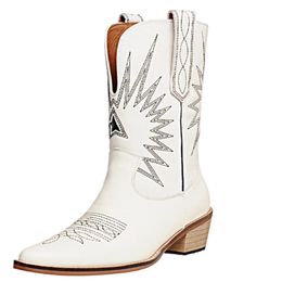 Boots Retro Ladies Mid-tube Western 2021 Pointed Toe Women Fashion Literature And Art Tibetan Embroidered Thin Cowboy
