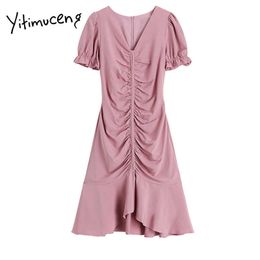 Yitimuceng PIink Dresses Women Summer Folds Zipper High Waist Puff Sleeve Trumpet V-Neck Korean Fashion Elegant Dress 210601