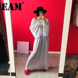 [EAM] Women Grey Big Size Pleated Long Dress Slash Neck Off Shoulder Long Sleeve Loose Fit Fashion Summer 1DD6777 210512