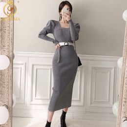 Winter Korean Style Slim Temperament Long Knitted Sweater Dresses Square Neck Sexy Split Puff Sleeve Vestido Da Festa 210520