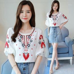 Women's Blouse Ethnic Floral Embroidery Shirt 2021 Summer Bohemian Lantern Sleeve Blusas Casual Tunic Tops Loose Chemise Mujer Blouses & Shi