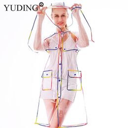 Yuding Transparent Raincoat Clear Rainwear Hooded Outdoors Waterproof Rain Coats Unisex Ladies Long Ponchos For Woman 210320