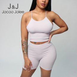 Jocoo Jolee Sexy Strap Tanks and Shorts Suit Knitted Tops Camis Two Pieces Sets Europe Style Solid Club Suits Tracksuit 210518