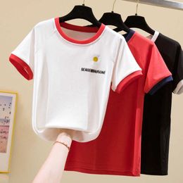 Flower Embroider T Shirt Women Short Sleeve Summer Cotton Tshirt Ladies Shirts Slim Woman T-Shirt Fashion Tops Red 210604