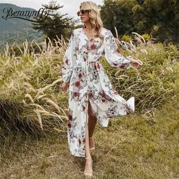 V-neck Boho Floral Print Split Long Dress Button Front Women Spring Vacation Sleeve Drawstring Waist Swing 210510