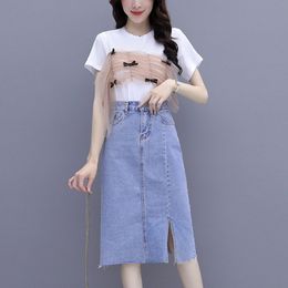 Summer Women 's Denim Skirt Suit casual O Neck short sleeve T-shirt + Jean 2 Piece Sets 210531
