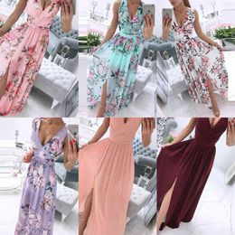 Summer Beach Dress Women Deep V-Neck Sleeveless Dress Chiffon Split Maxi Dress Vintage Floral Print Long Dresses Party Vestido X0629