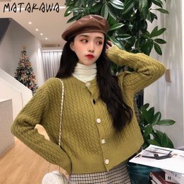 MATAKAWA Fashion Button Ladies Knitted Sweaters Outer Wear Loose Top Autumn and Winter Solid Colour Cardigan Women Twist Sweater 210513