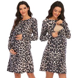 Autumn Winter Fashion Leopard Print Women Maternity Dress Plus Size Sexy Breastfeeding Long Sleeve Casual Dress C3